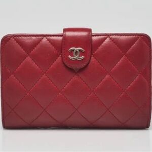Chanel Red Quilted Lambskin Leather L-Zip Compact French Purse Wallet
